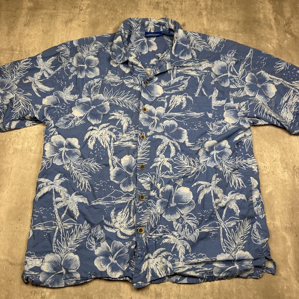 Ocean Pacific Shirt Mens L Blue Rayon Blend Tropical Hibiscus Floral Surf OP